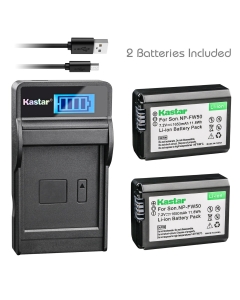 Kastar Battery (X2) & SLIM LCD Charger for Sony NP-FW50 and Alpha 7 7R 7R II 7S a7R a7S a7R II a5000 a5100 a6000 a6300 NEX-7 SLT-A37 DSC-RX10 DSC-RX10 II III 7SM2 ILCE-7R 7S QX1 5100 6000 VG-C1EM C2EM