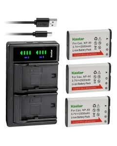 Kastar 3-Pack CNP-90 Battery and LTD2 USB Charger Replacement for Casio NP-90 NP-90DBA Battery, Casio BC-90L Charger, Casio Exilim EX-FH100, Exilim EX-FH100BK, Exilim EX-H10, Exilim EX-H15 Camera