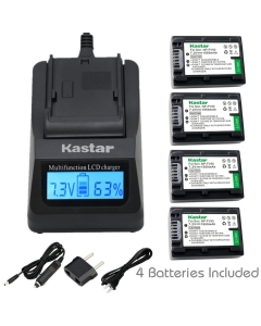 Kastar Ultra Fast Charger(3X faster) Kit and Battery (4-Pack) for Sony NP-FV30, NP-FV40, NP-FV50 work with Sony DCR-SR88, SX85, FDR-AX100, HDR-CX160, CX190, CX380, CX430V, CX520V, CX550V, CX560V, CX580V, CX700V, CX760V, CX900, HC9, PJ260V, PJ340, PJ380, P