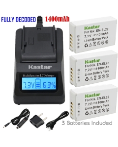 Kastar Ultra Fast Charger(3X Faster) Kit and Battery (3-Pack) for Nik EN-EL22, MH-29 Work with Nik 1 J4, Nik 1 S2 Cameras