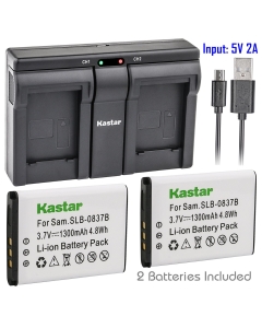 Kastar 2X Battery + USB Dual Charger for Samsung SLB-0837B SLB-0837(B) Samsung Digimax L70 Digimax L83T L85T Samsung Digimax L201 L301 Digimax NV8 Digimax NV10 Digimax NV15 Digimax NV20 Digimax SL201